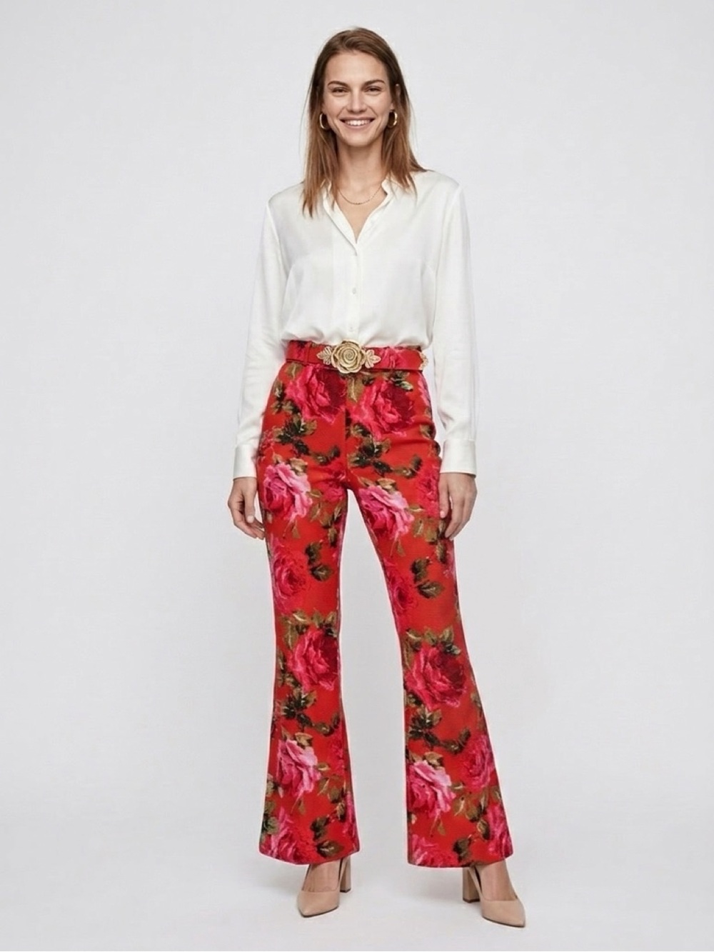 ASOS LUXE Pixelated Rose Floral Print Pants Flare Red Size 8